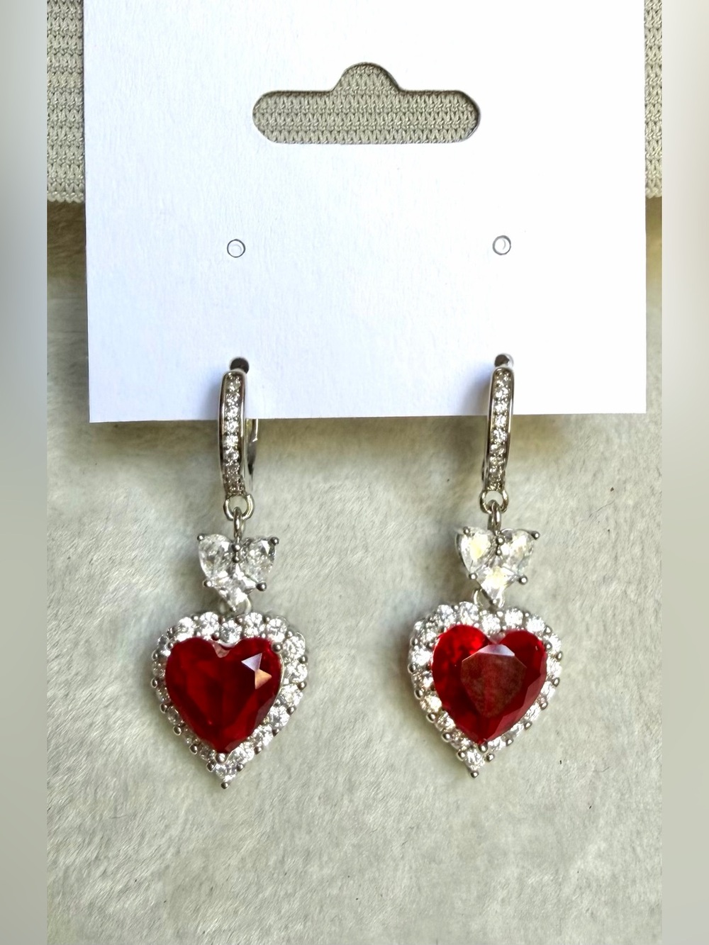 Silver-Tone ♥️Red Heart♥️Crystal Drop Earrings